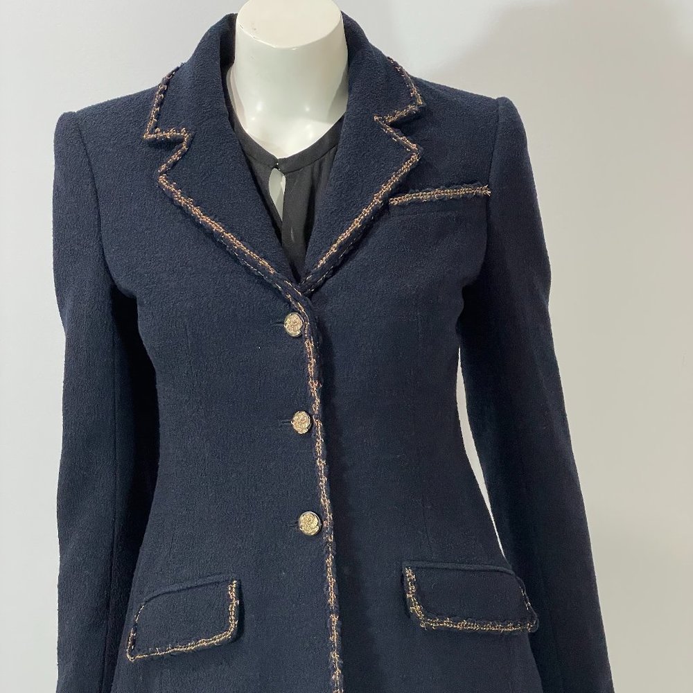 CHANEL $6500 NAVY TWEED  BLAZER W/GOLD/BRONZE TRIM